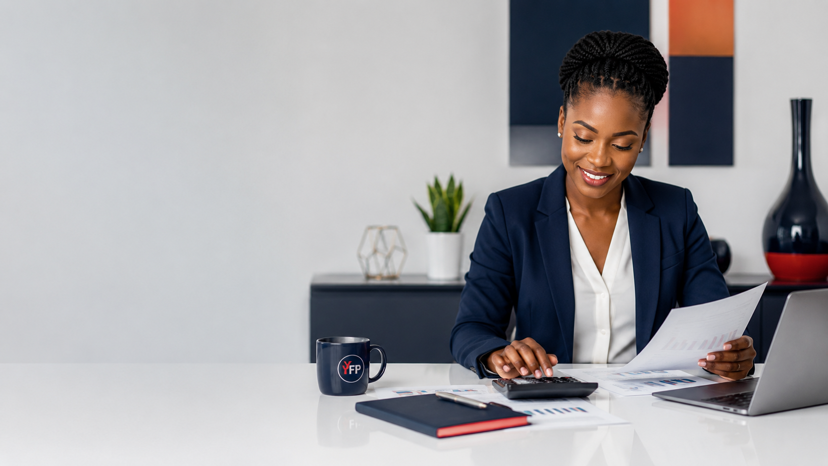 African accountant reviewing financial documents in a modern office