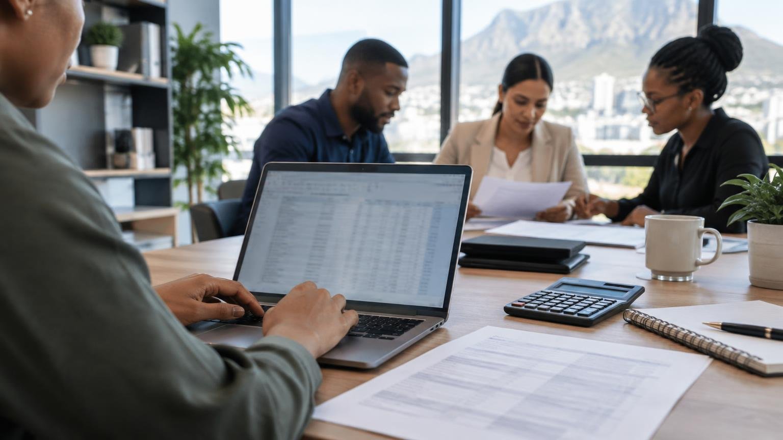 South African small-business finance team reviewing payroll records on a laptop in a professional office