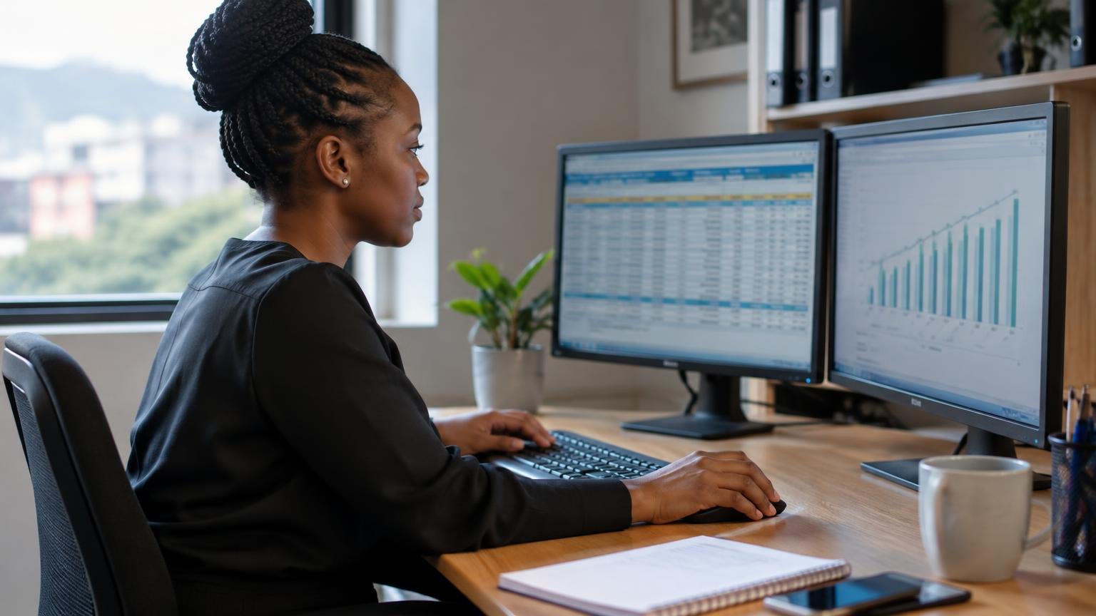 A payroll specialist working alone at two computer monitors.