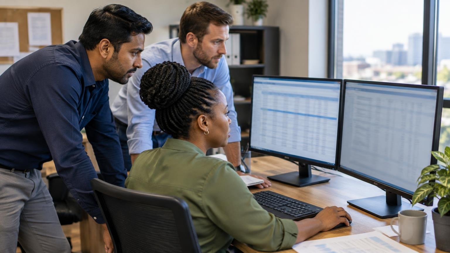 Diverse South African payroll team reviewing employer reconciliation records on computers in a professional office