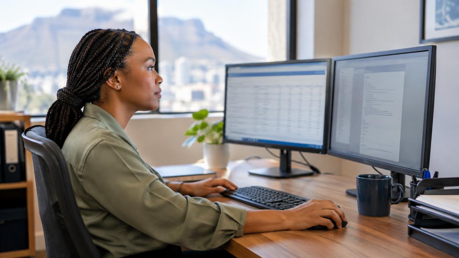 A payroll specialist working alone at two computer monitors.