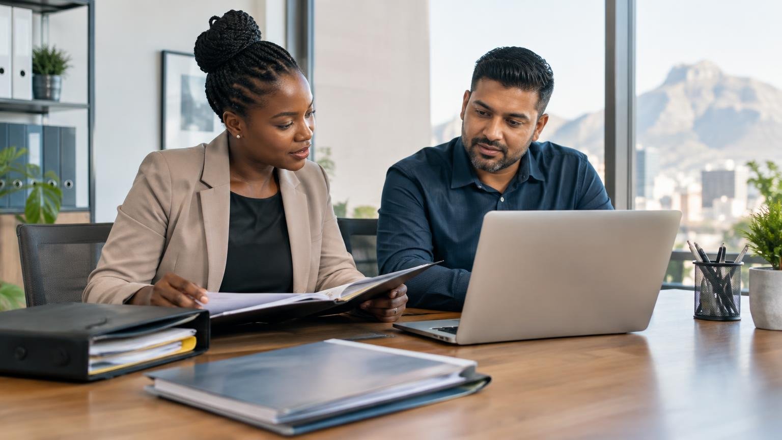 South African finance professional reviewing tax documents and payroll records at an SME office desk