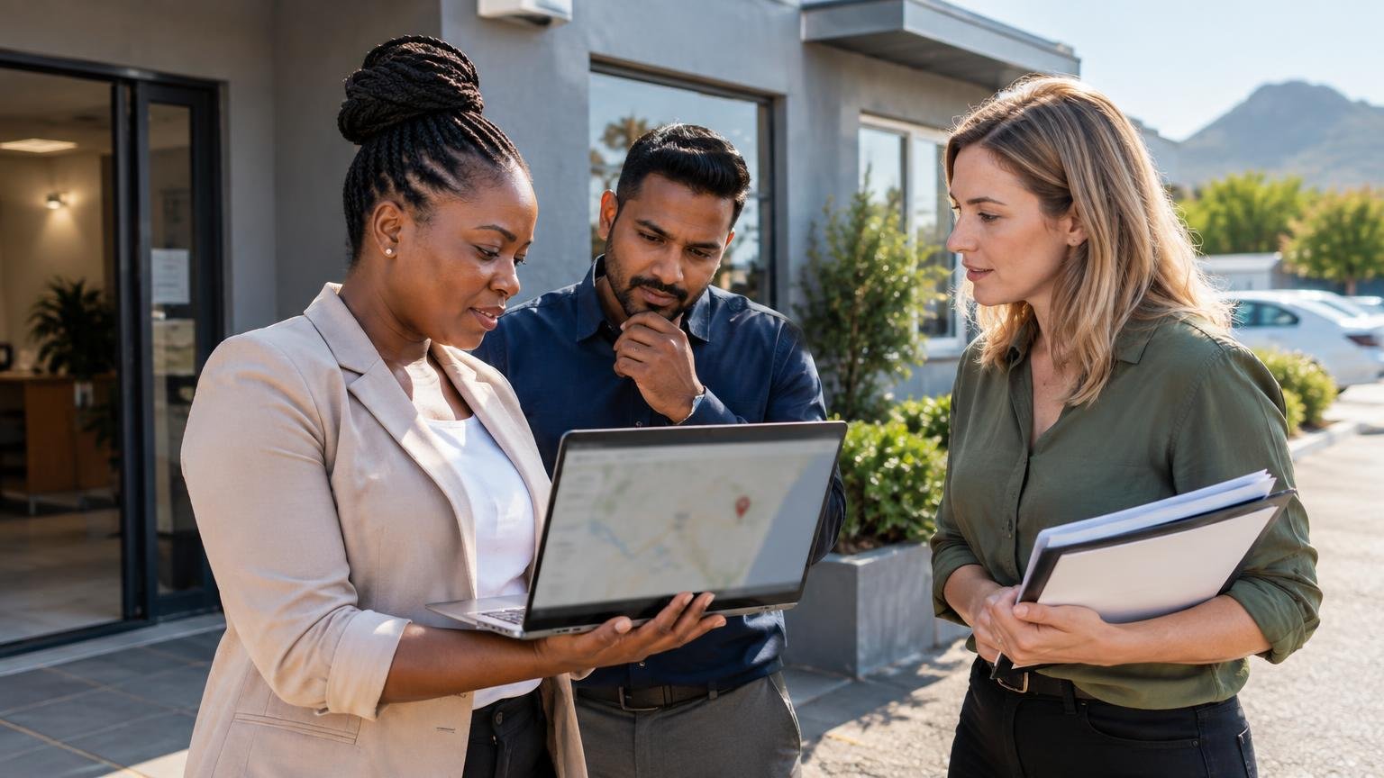 A diverse South African finance team reviewing company administration documents in a modern office while discussing a business location update on a laptop