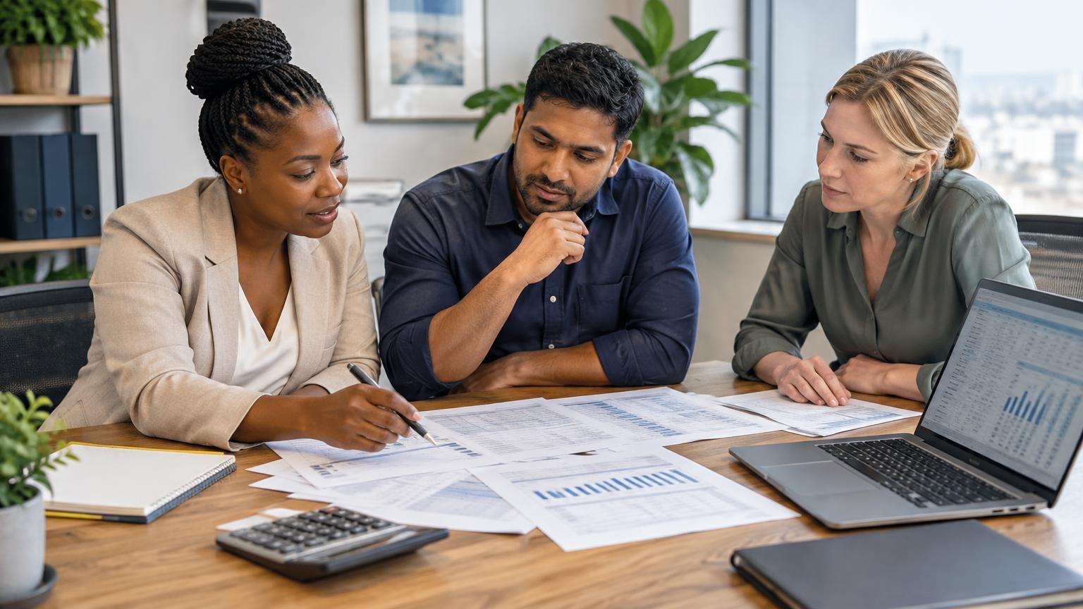 Diverse South African finance team reviewing financial reporting schedules in a modern office