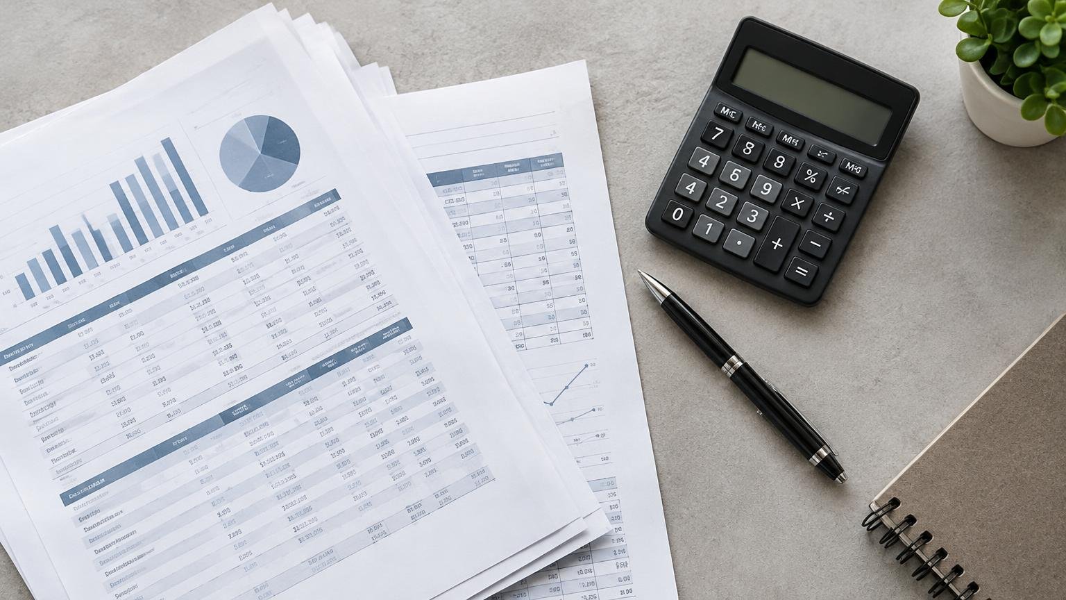 Financial reporting papers, a calculator and a pen arranged on a desk.