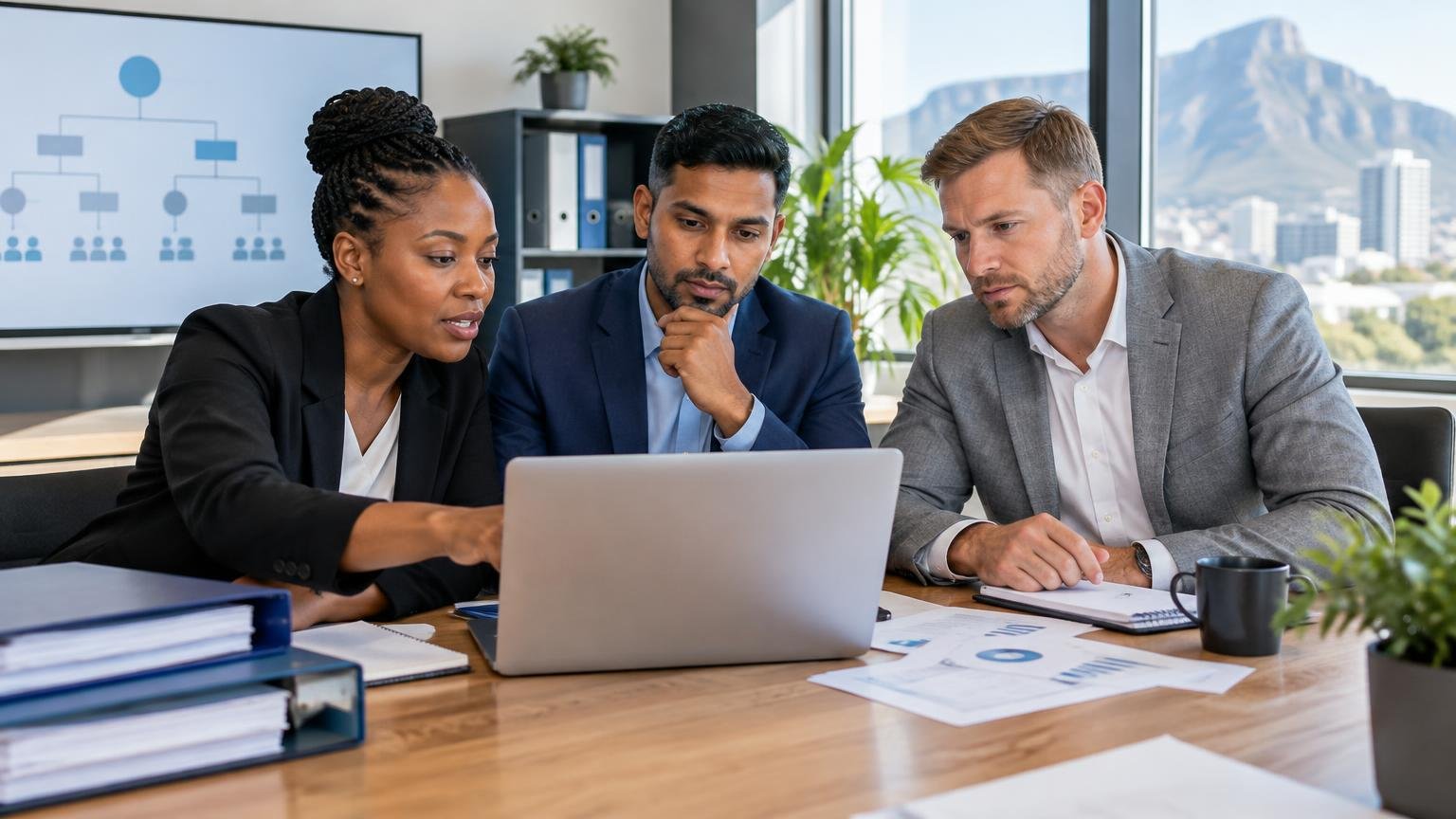 A diverse South African finance team reviewing group financial statements and an ownership structure on a laptop in a professional office