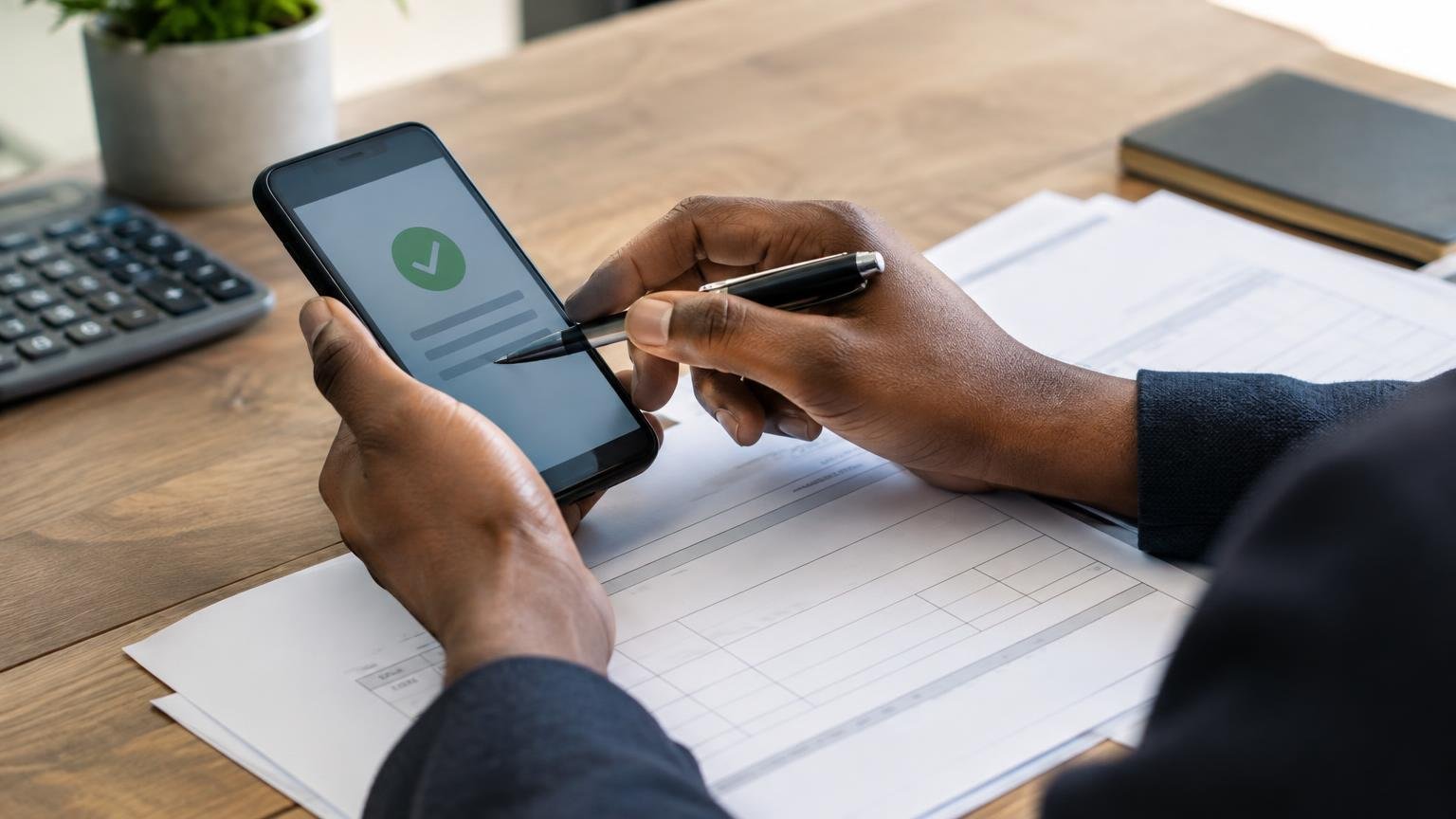 Hands checking a payment authorisation beside invoice papers.