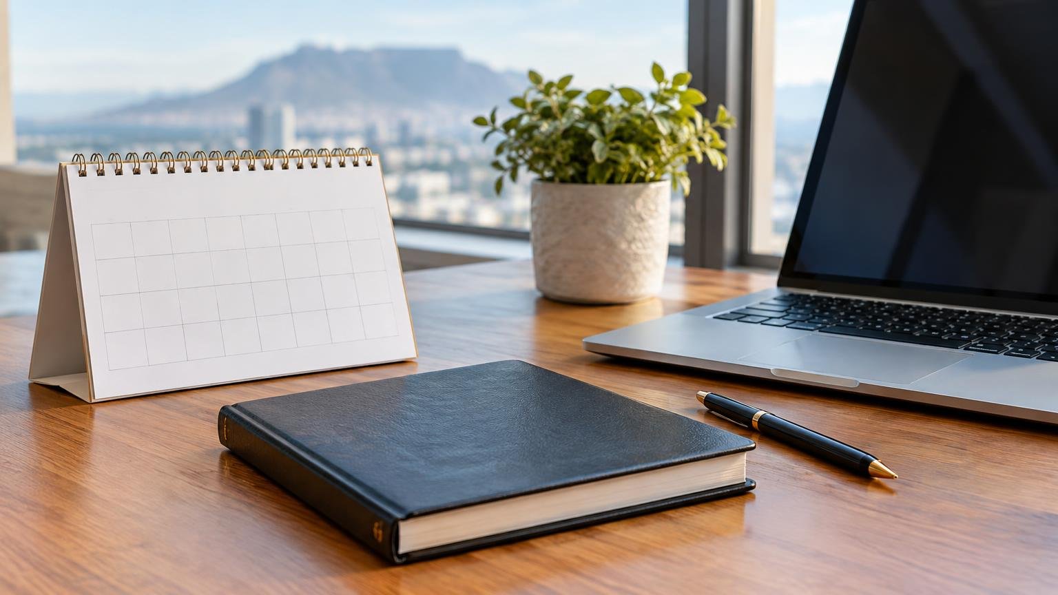 An unmarked calendar, ledger and laptop arranged on a desk.