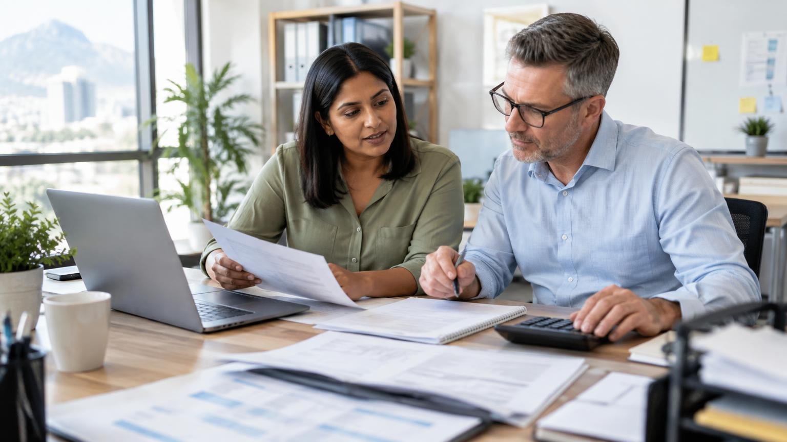 Diverse South African small-business owners reviewing tax and accounting documents with an accountant in a professional office
